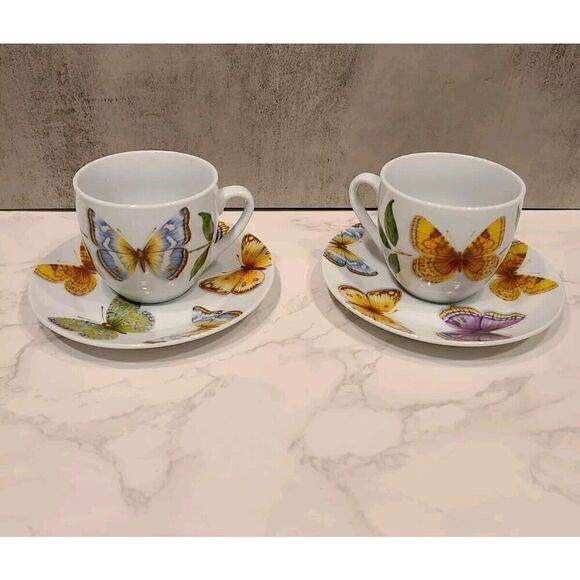 Neiman Marcus set (2) Butterfly Tea Cups saucers 8 oz | 3"H Porcelain Coffee - Picture 3 of 11